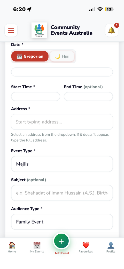 Add Event form showing poster upload and organiser type