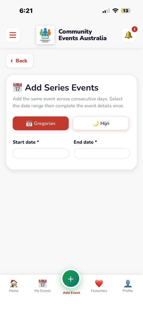 Add Event form showing speaker and reciters fields for Majlis events