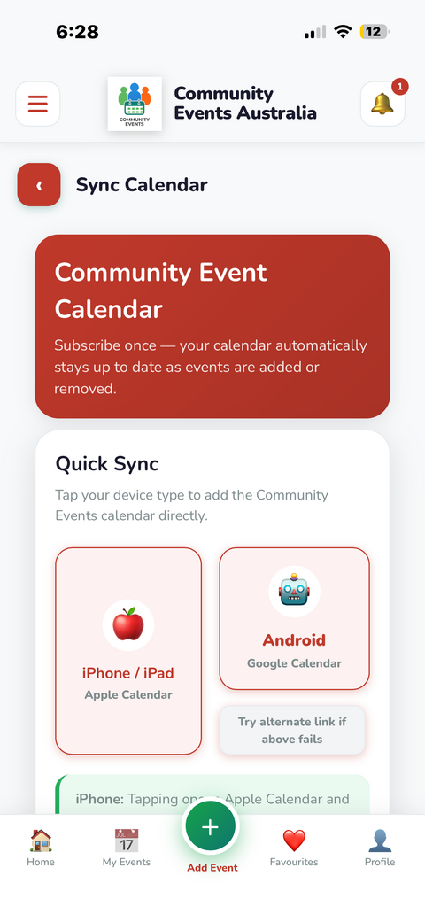 Sync Calendar screen with Apple Calendar and Google Calendar quick sync buttons