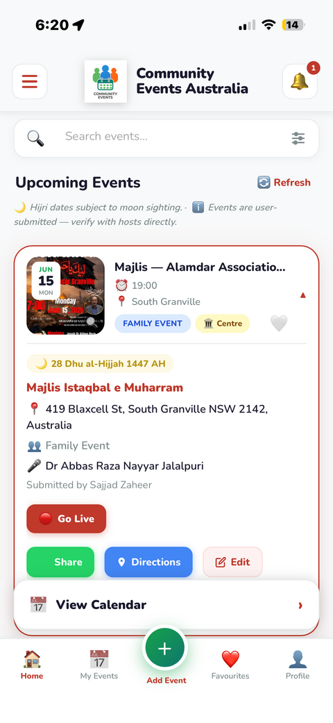 Expanded event card showing full details, share, directions and edit buttons