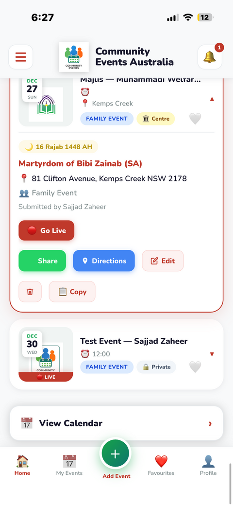 Event card showing LIVE badge and Watch on YouTube button