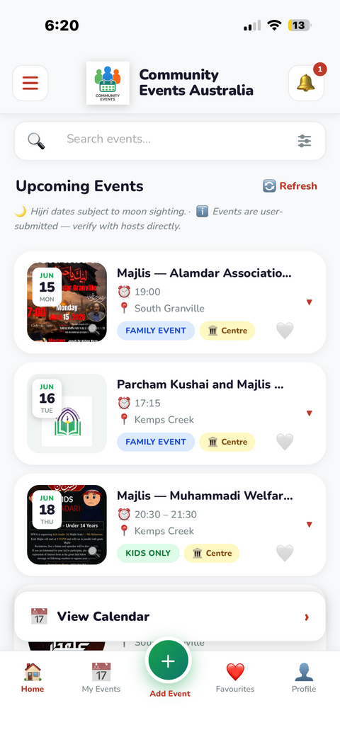 Home screen showing upcoming events list