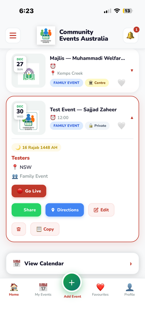 My Events showing a hidden event with Make Visible button