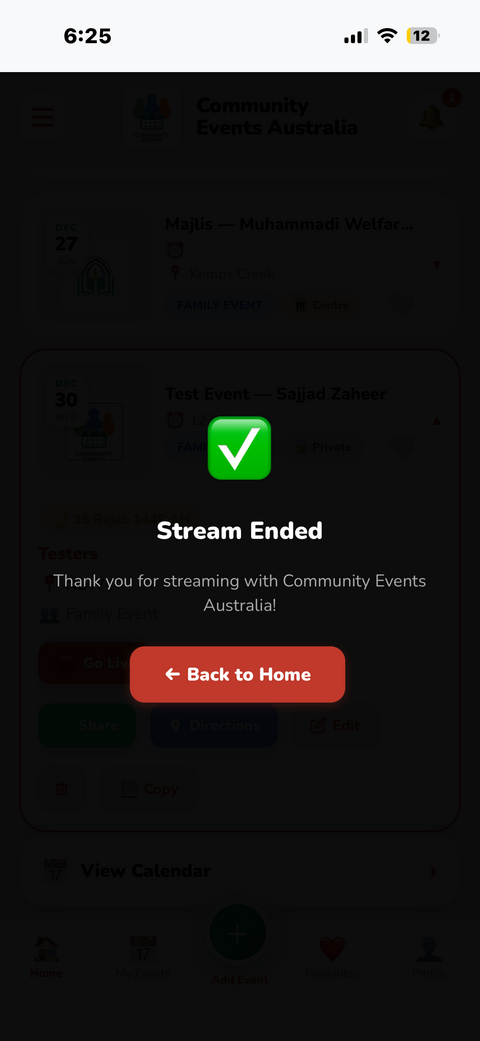 Return to Stream floating button shown when app is minimised during a live stream